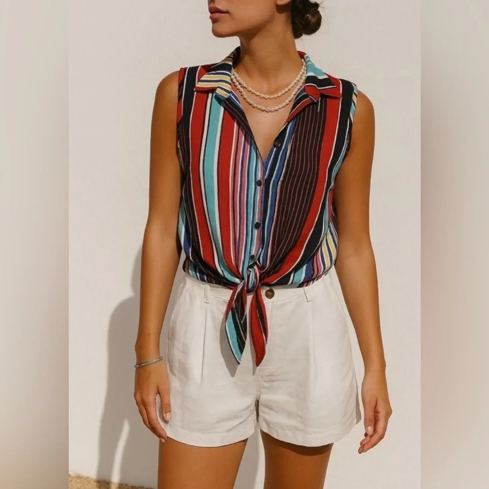 Perseption Womens Blue Striped Sleeveless Collared VNeck Button Top sz L Beachy - Picture 1 of 4